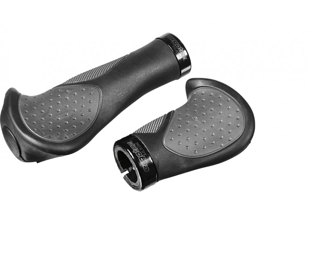 Ergotec Frisco 2 Silicone Lenkergriffe 140/95mm schwarz/grau - ergonomisch, rutschfest, für Drehgriffschaltung, mit Schraubklemmung