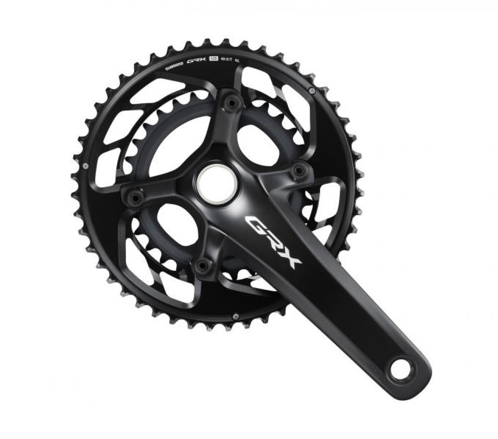 Schwarze Shimano GRX FC-RX820-2 Kurbelgarnitur mit 2-fach Kettenblatt für effiziente Gravel- und Straßen-Performance.