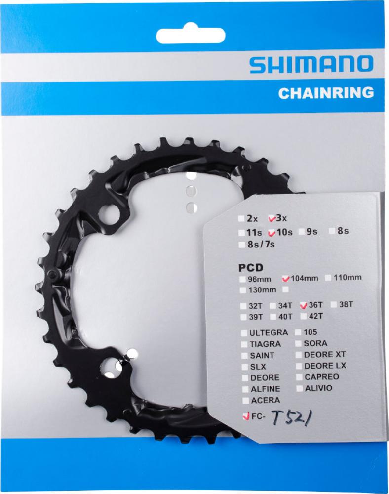Schwarzes Shimano FC-T521 Kettenblatt mit 36 Zähnen in der Verkaufsverpackung für Trekking- und Cityräder.