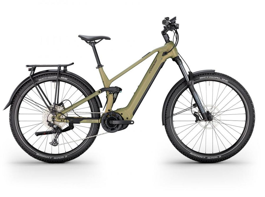 CONWAY Elektro-SUV "Xyron SUV 4.0" (#1), Full Suspension, 29", reseda green matt, 12-Gang SHIMANO "Deore", 40 cm / SnnDas Elektro-SUV ist mit einem Aluminiumrahmen ausgestattet und verfügt über eine Federgabel mit einem Gabelfederweg von 150 mm. Im Rahmen
