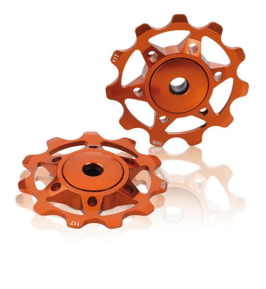 Zwei orange XLC Schaltwerkpullys, 11 Zähne, Aluminium 7075, kompatibel Shimano/Campagnolo.