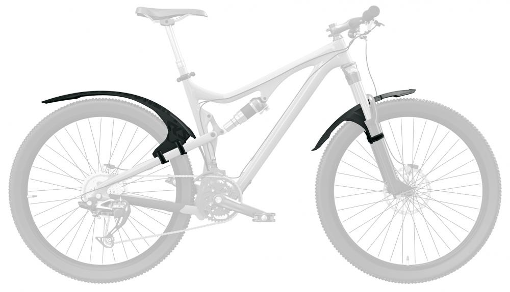 Schwarzes SKS Mudrocker Front Schutzblech am Mountainbike-Vorderrad (27,5-29") montiert, optimaler Spritzschutz.