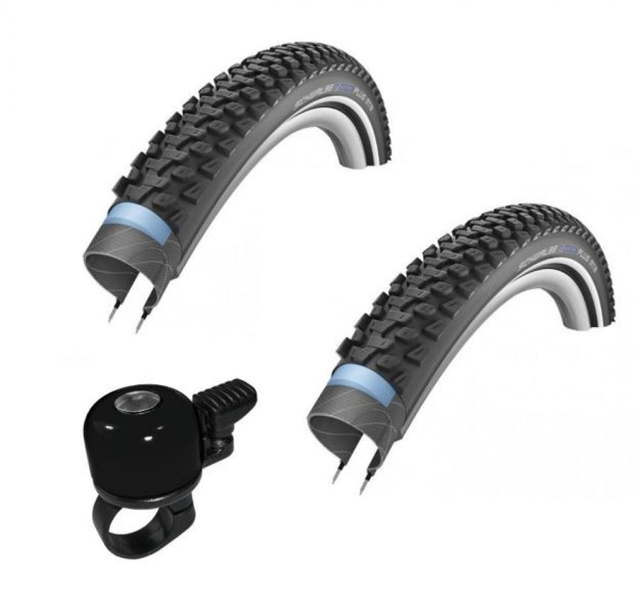 Schwalbe Reifen Marathon Plus MTB HS468 26x2.10 (2 Stück) und Mounty Miniglocke Billy schwarz.