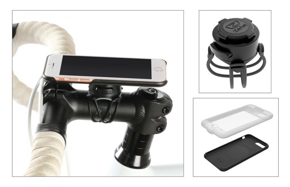 Zefal Z Console Smartphone-Halterung für iPhone 7/8 am Fahrrad, zeigt Halterung und Hüllen.