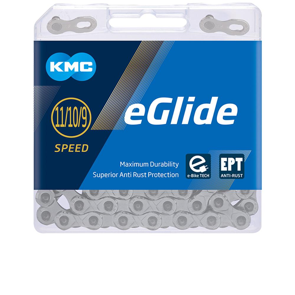 KMC eGlide E-Bike Fahrradkette (9/10/11-fach) in Silber mit EPT Rostschutz und hoher Haltbarkeit.