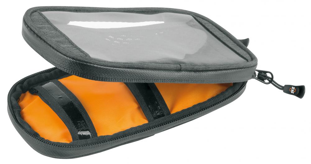 SKS COM/SMARTBAG wasserdichte Smartphone-Tasche geöffnet, mit Klarsichtfenster und orangefarbenem Innenraum.