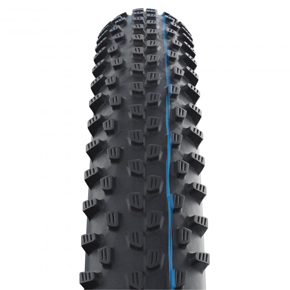 Schwalbe Racing Ray 29x2.35 faltbarer MTB Reifen schwarz mit aggressivem Profil und blauem Streifen.