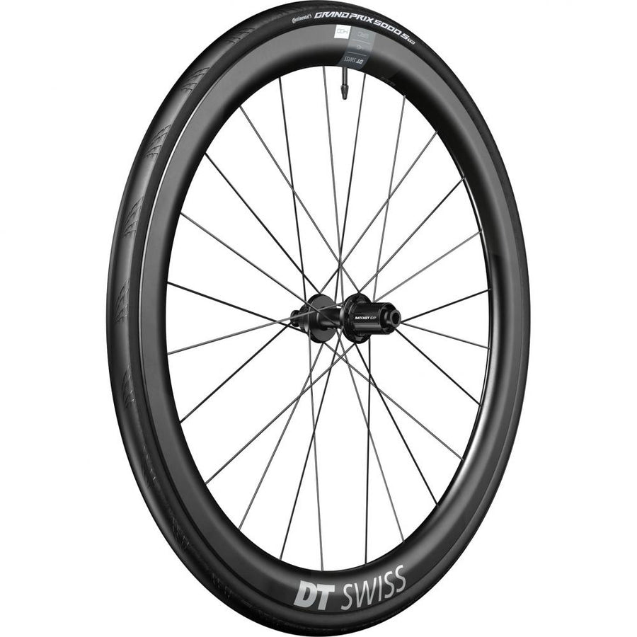 DT Swiss ERC 1400 Dicut Disc Aero-Carbon-Laufrad schwarz 45mm mit Continental Grand Prix 5000 S TR Reifen.
