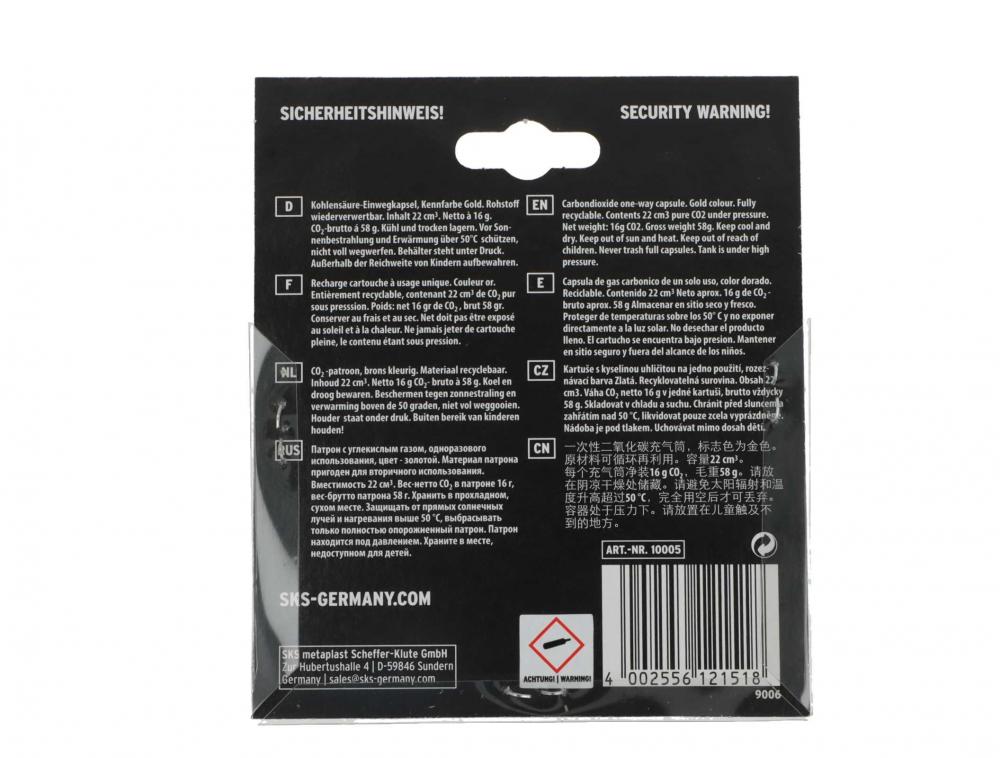 Rückseite der SKS CO2-Ersatzkartuschen 16g Verpackung mit Gewinde und mehrsprachigen Sicherheitshinweisen.