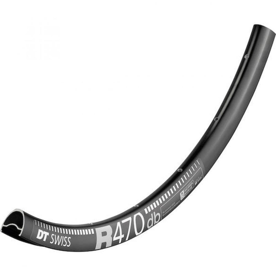 Schwarze DT Swiss R 470 Disc Rennradfelge, 28 Loch, vielseitig und leicht.