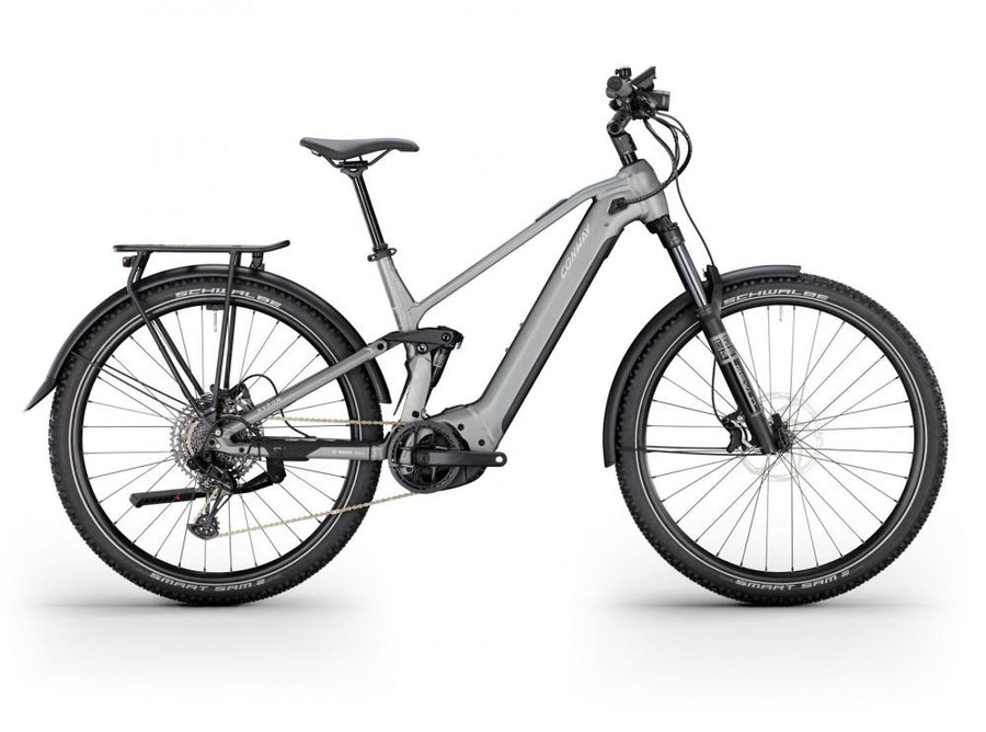 CONWAY Elektro-SUV "Xyron SUV 5.0" (#1), Full Suspension, 29", graphit grey matt, 12-Gang SRAM "SX Eagle", 40 cm / SnnDas Fahrrad besteht aus einem Aluminiumrahmen und ist mit einer Federgabel ausgestattet, die einen Gabelfederweg von 150 mm bietet. Die A