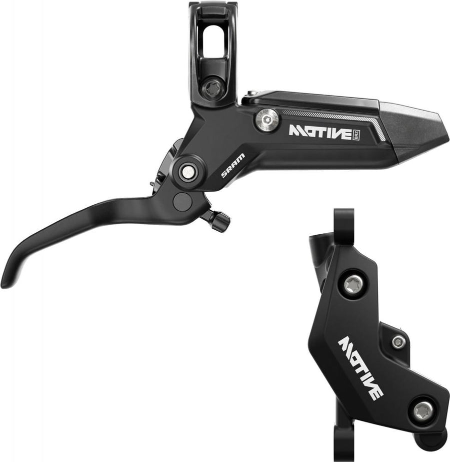 Schwarze SRAM Motive Bronze vorne Vierkolben-Scheibenbremse für moderne XC- und Trail-Bikes.