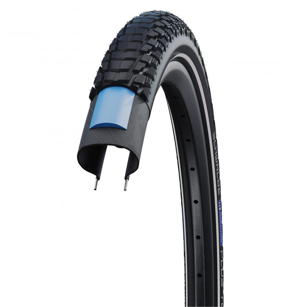 Schwalbe Marathon Plus Tour unplattbarer Trekking-Drahtreifen 28 Zoll, schwarz, im Querschnitt mit Pannenschutz.