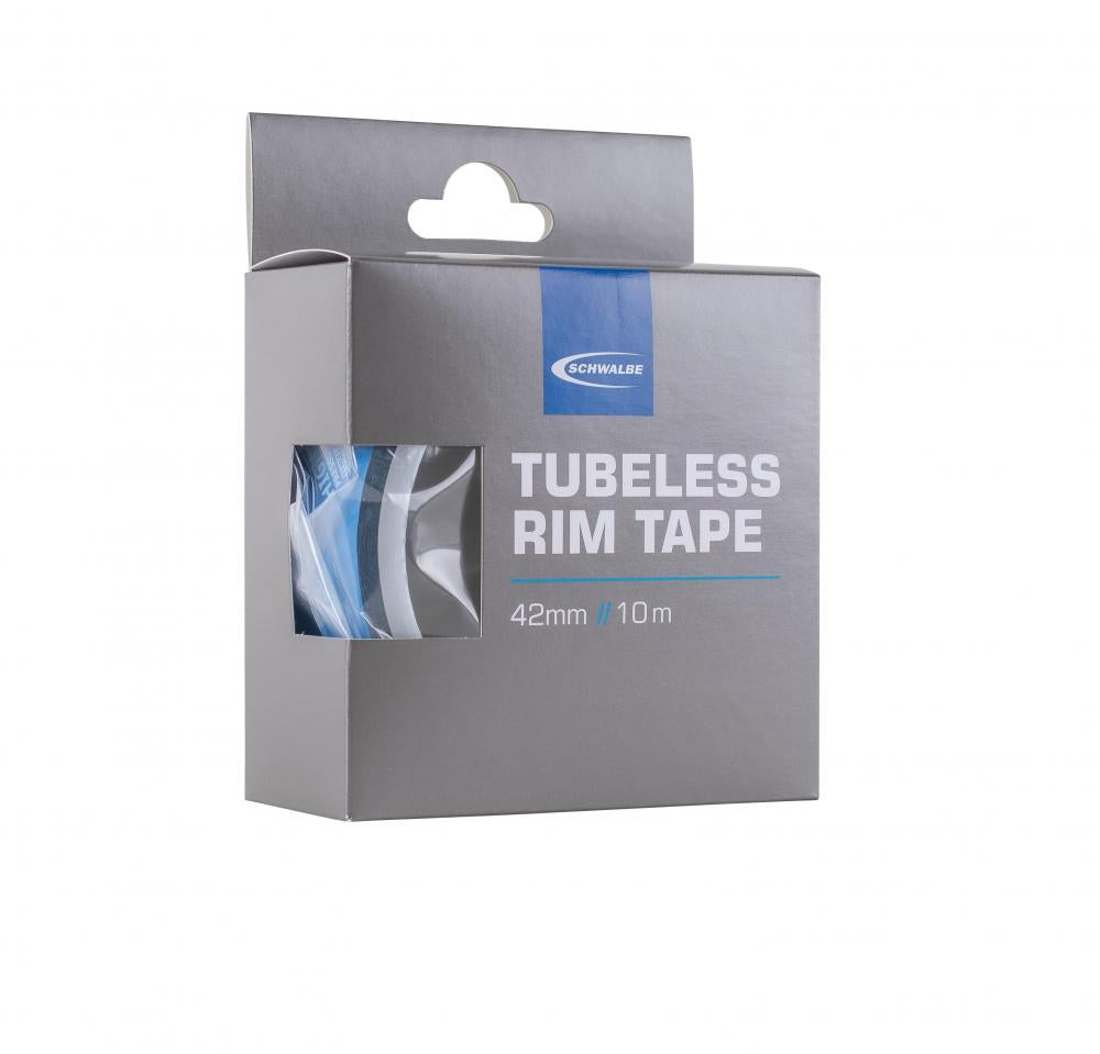Schwalbe Felgenband Tubeless 42mm 10m in grauer Produktverpackung mit blauem Logo.