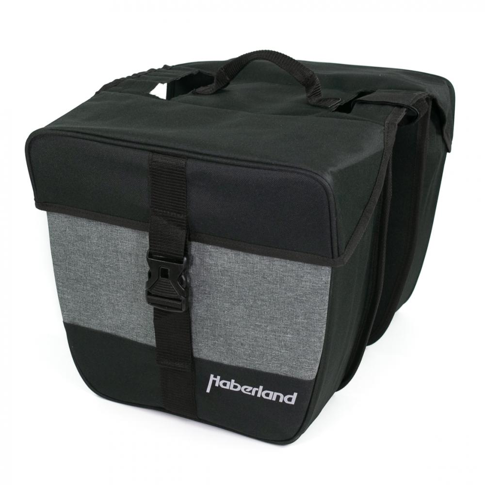Haberland Doppeltasche 25l schwarz/silber für Gepäckträger, Alltag & Tour, mit Schnalle & Tragegriff.