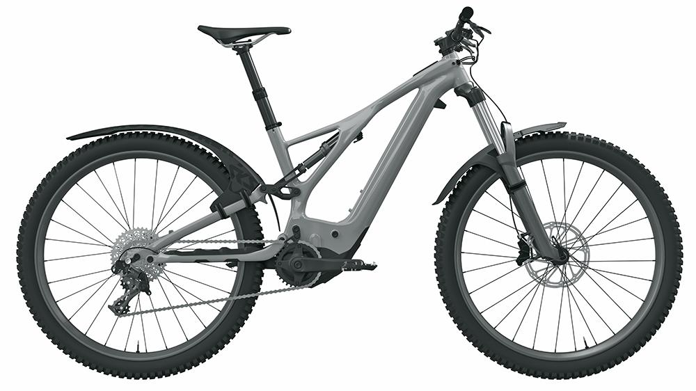 Schwarzes SKS Mudrocker Front Schutzblech an grauem E-MTB (27,5"-29") für optimalen Spritzschutz.