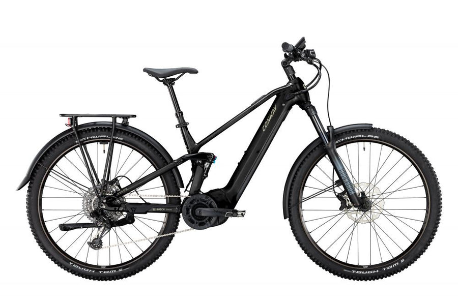 CONWAY Elektro-SUV "Xyron SUV 4.0" (#1), Full Suspension, 29", black, 12-Gang SHIMANO "Deore", 43 cm / MnnDas Elektro-SUV ist mit einem Aluminiumrahmen ausgestattet und verfügt über eine Federgabel mit einem Gabelfederweg von 150 mm. Im Rahmen ist ein Akk