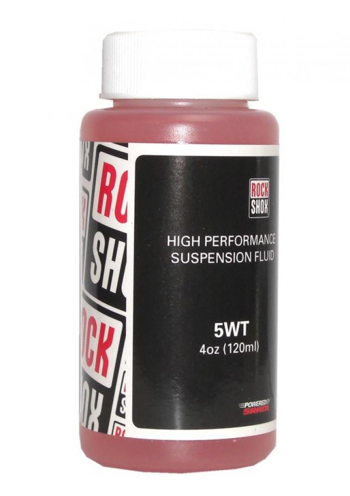 RockShox Federungsöl 5WT 120ml. Rotes Hochleistungs-Suspensionsfluid in transparenter Flasche.
