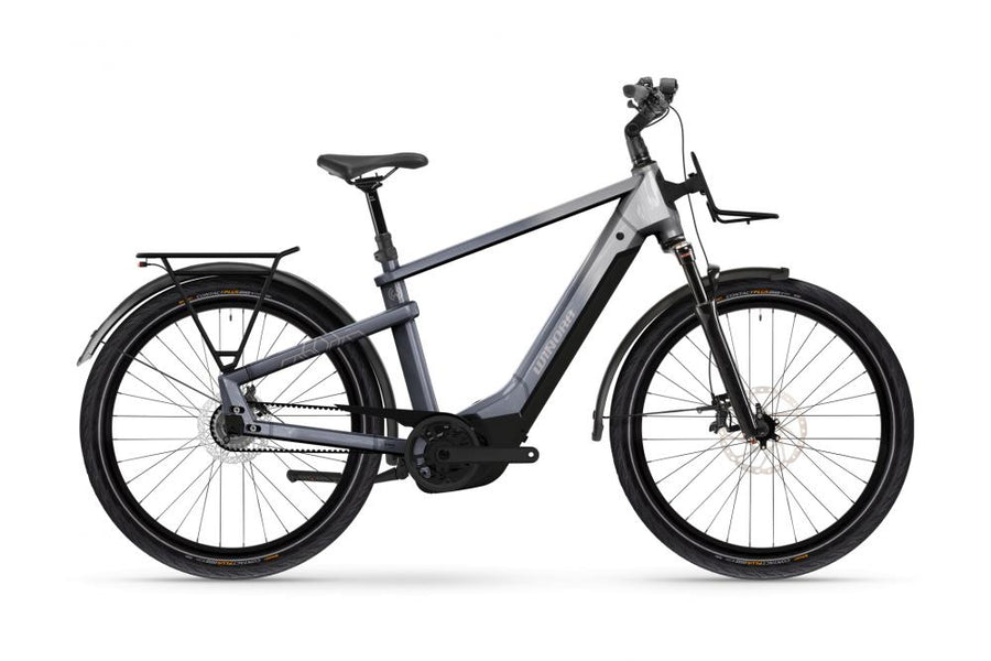 Winora YAKUN R5 PRO High E-Bike, grau, mit integriertem 800Wh Akku, Front- und Heckgepäckträger.