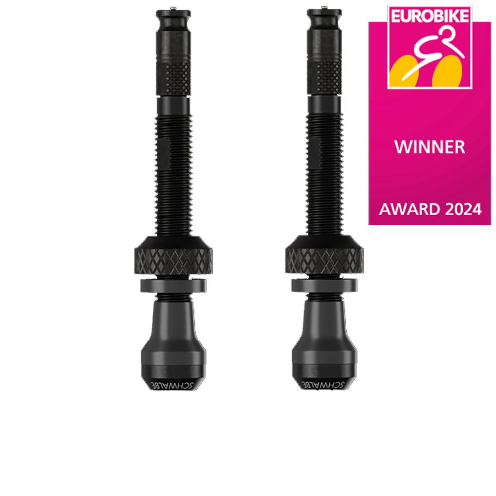 Schwalbe TUBELESS CLIK VALVE SCV 40mm: Zwei schwarze Tubeless-Ventile für komfortables Aufpumpen am Fahrrad.