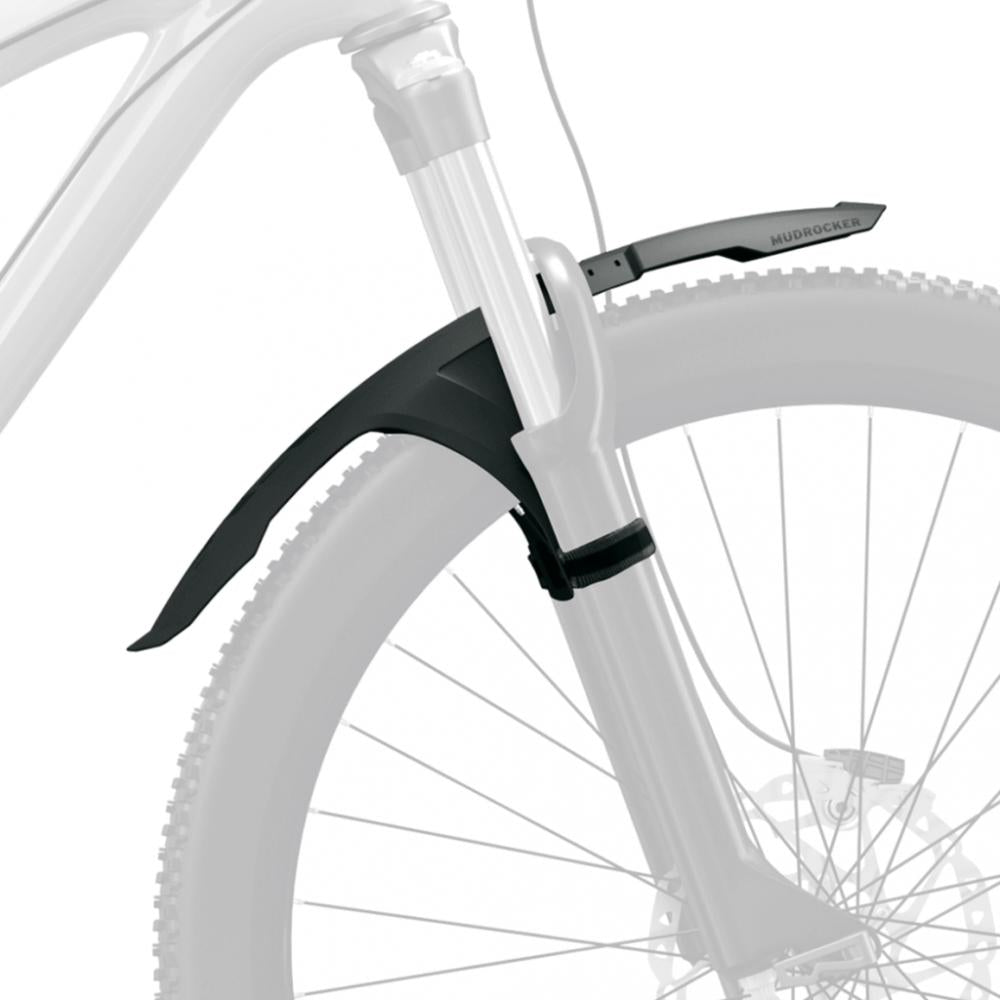 Schwarzes SKS Mudrocker Front Schutzblech für MTB, mit Klettstraps an der Federgabel eines Fahrrads montiert.
