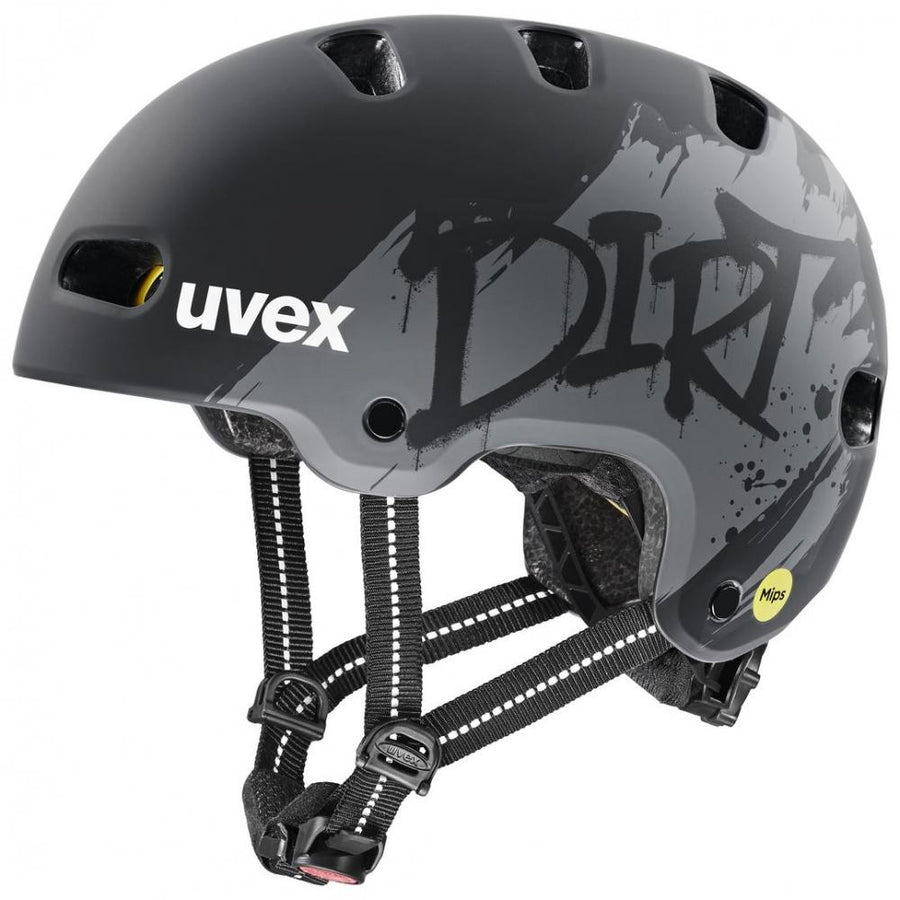 uvex kid 4 style MIPS dirt black matt Kinder-Fahrradhelm Größe 55-58 in Schwarz mit Dirt-Grafik und Kinnriemen.