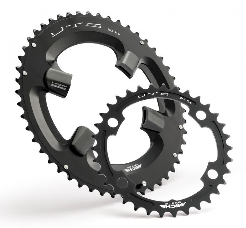 Zwei schwarze Miche Super11 UTG HSP Kettenblätter Made in Italy für Shimano Ultegra 6800, 50Z und 34Z.