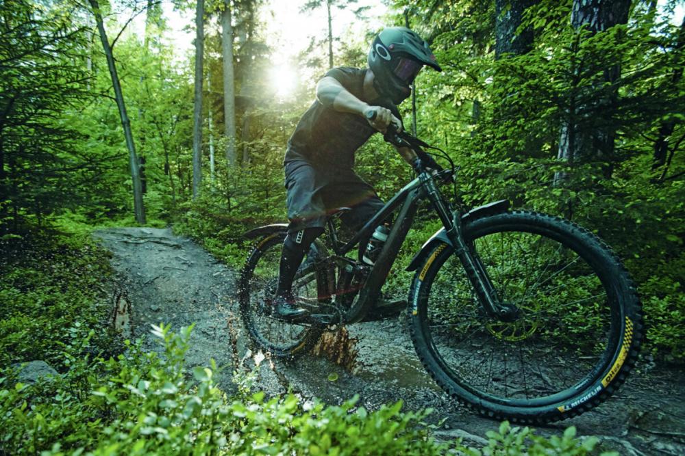 Mountainbiker fährt durch Waldpfütze, SKS Mudrocker Front Schutzblech am MTB schützt vor Spritzwasser.