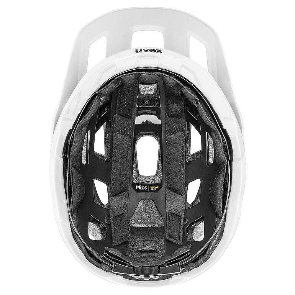 Weißer Uvex React MIPS Fahrradhelm, Innenansicht mit MIPS-System für hohen Schutz und Sicherheit im Gelände.