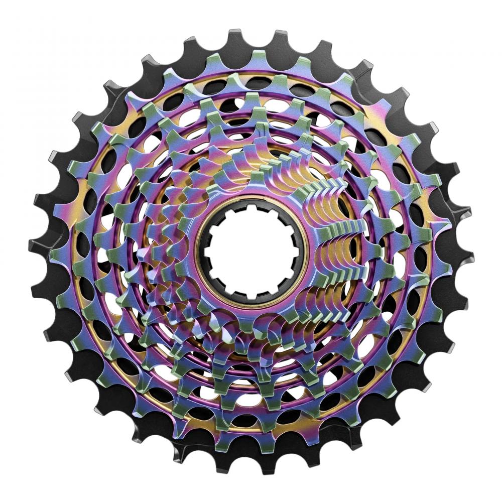 SRAM XG-1290 E1 Fahrrad Kassette in Regenbogenfarben, leicht, steif und präzise abgestuft.
