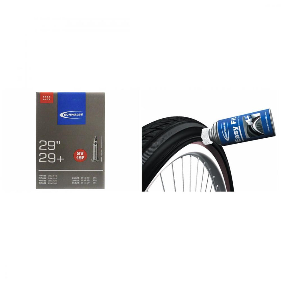 Schwalbe Freeride Fahrradschlauch SV19F 29 Zoll und Easy Fit Montage Fluid beim Aufziehen eines Reifens.