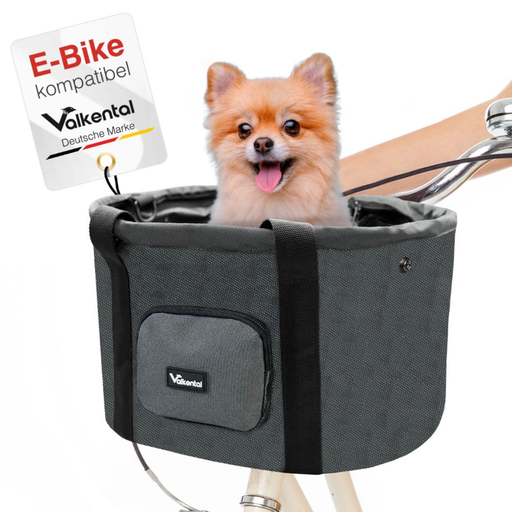 Valkental grauer Fahrradkorb für Hunde am Lenker, E-Bike kompatibel, mit fröhlichem Pomeranian.