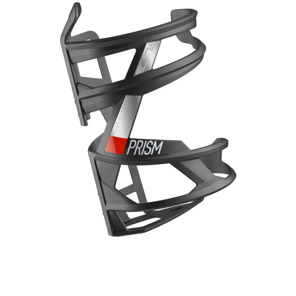 Elite PRISM Carbon Flaschenhalter rechts, schwarz-matt mit roter Grafik für Fahrräder.