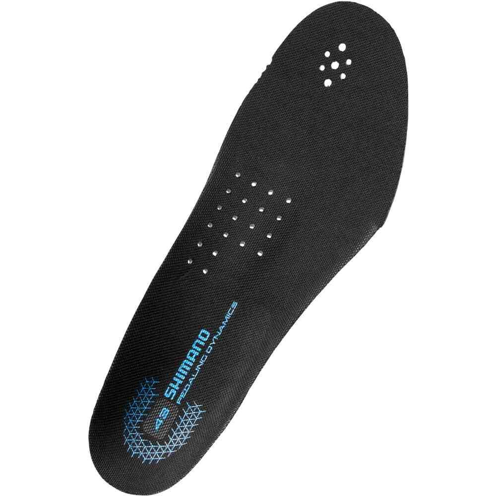 Schwarze SHIMANO RC502 Innensohle, Größe 47-48, mit Belüftungslöchern und "Pedaling Dynamics" Schriftzug.