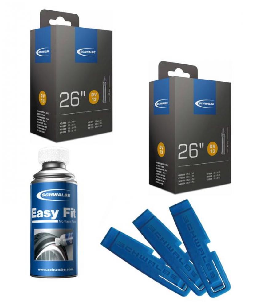 Schwalbe Fahrrad-Set: 2x 26 Zoll DV13 Schläuche, 3 Reifenheber, Easy Fit Montagefluid 50ml.