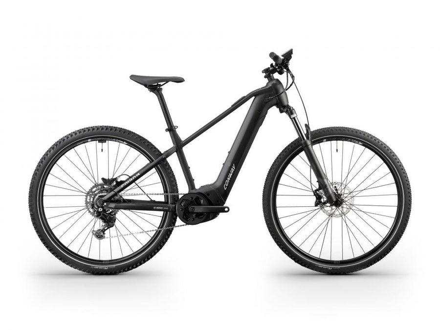 CONWAY Elektro-MTB Hardtail "Cairon S 1.0" (#1), Diamant, 29", black matt / light grey matt, 9-Gang SHIMANO "Cues", 53 cm / XLnnDas Elektro-MTB Hardtail besteht aus einem Aluminiumrahmen. Die Federgabel bietet einen Gabelfederweg von 120 mm. Der Antrieb e