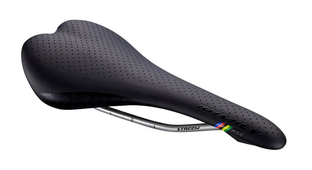 Schwarzer Ritchey WCS Streem Sattel mit perforierter Oberfläche, Titanstreben und Regenbogen-Detail.