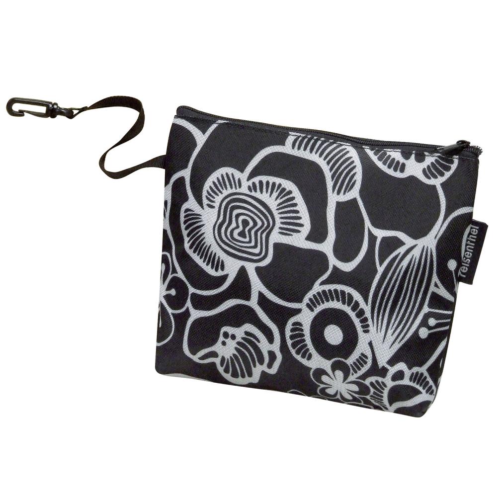 Reisenthel Fahrradtasche Bikebasket fleur schwarz mit Karabiner und Blumenmuster.