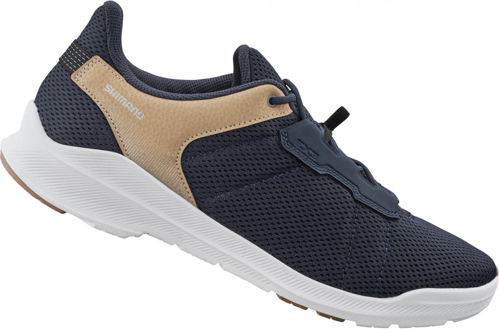 SHIMANO EX300 blaue Touring SPD Fahrradschuhe für Herren/Damen mit Schnellverschluss und weißer Sohle.