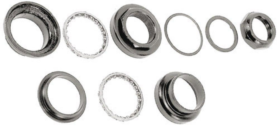 Steuersatz Stahl 1 1/8" - 2-fach gedichteter Gewindesteuersatz, verchromt, 25,4 / 34,0 / 30,0 mm - Einpresstiefe oben: 34 mm, unten: 30 mm - Gabelschaft: 1 1/8 Zoll - Material: Stahl - Farbe: Silber