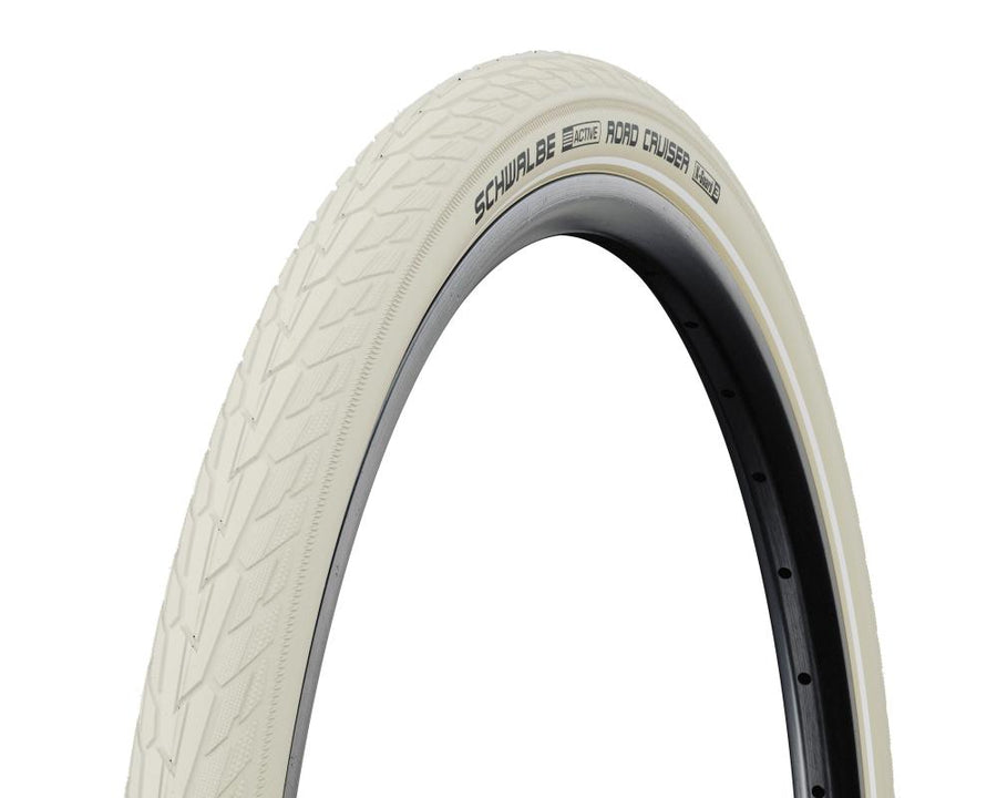 Schwalbe Road Cruiser 28 Zoll Fahrradreifen in Creme mit Pannenschutz, Green Compound und Reflexstreifen.