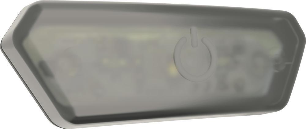 Abus Kinderhelm Smiley 3.0 LED Modul in Grau mit Power-Symbol und transparentem Gehäuse.