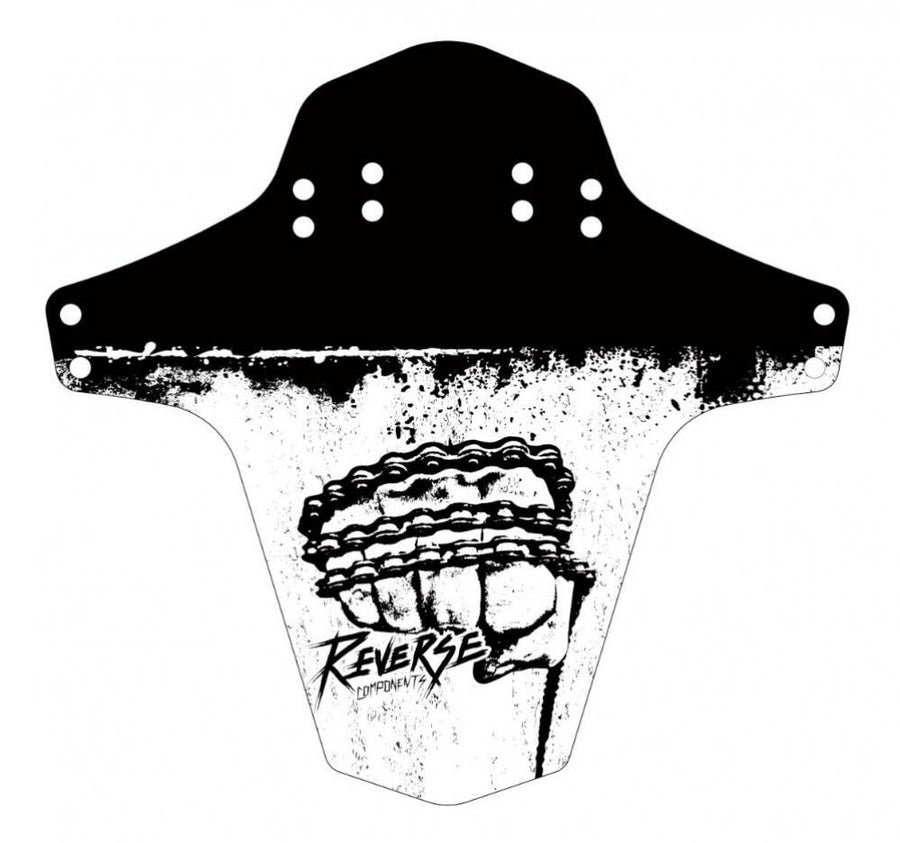 Reverse Components MTB Schutzblech Mudfender in Schwarz-Weiß mit Faust- und Ketten-Grafik, universell montierbar.
