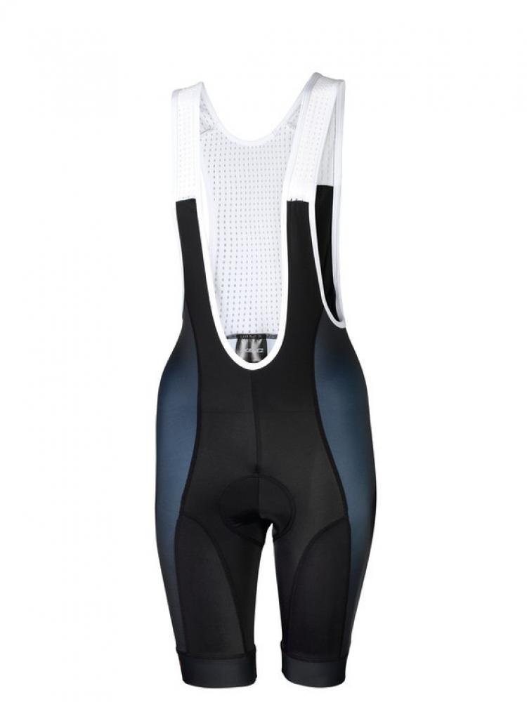 XLC Race Hose Damen Gr S, schwarze Fahrrad-Trägerhose mit grauen Seiten, weißen Trägern und atmungsaktivem Netzrücken.