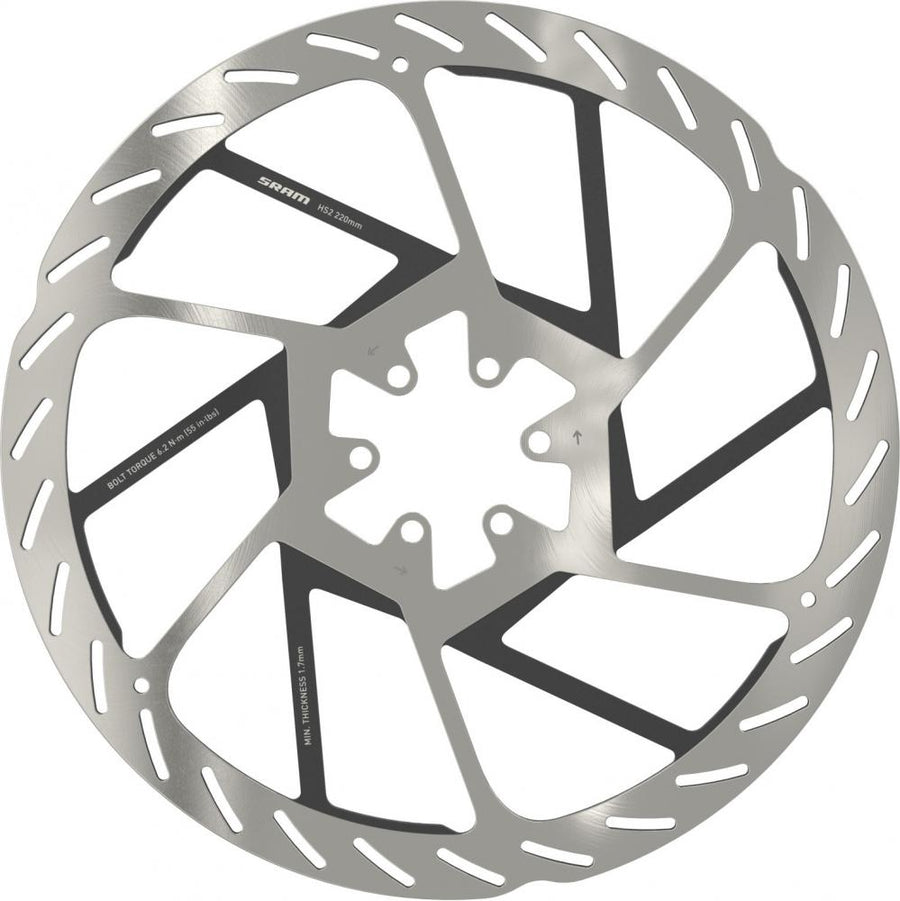 Silberne SRAM HS2 Centerlock 220mm Bremsscheibe mit Beschriftung für Fahrräder, auf weißem Hintergrund.