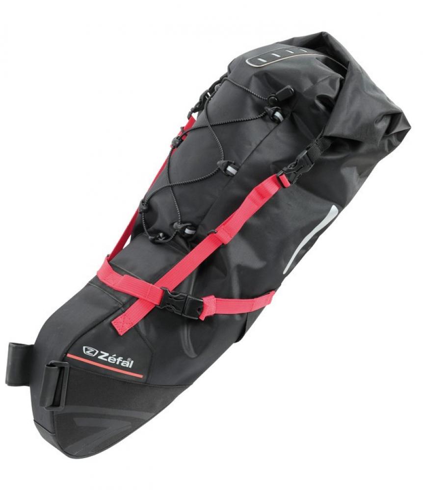 Zefal Z Adventure R17 Bikepacking Satteltasche schwarz, 17l, wasserdicht, mit roten Spanngurten.