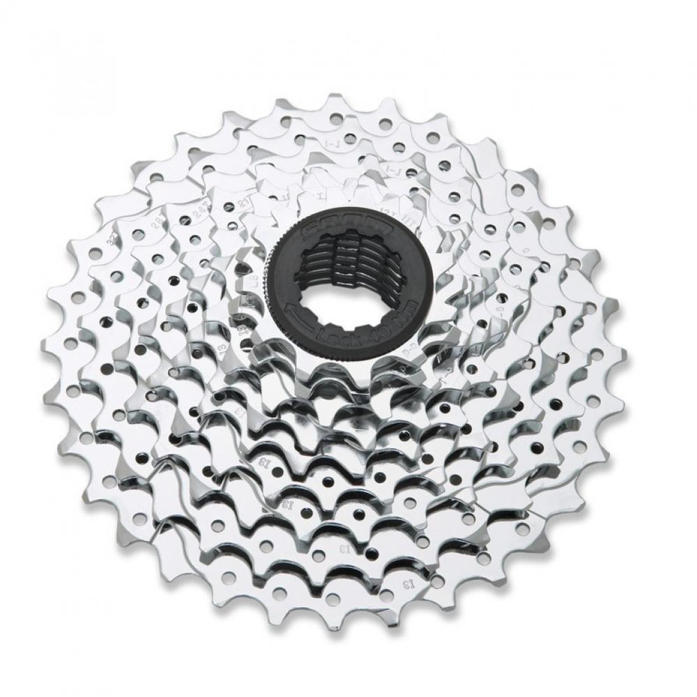 SRAM PG-950 MTB Kassette 11-34 Zähne, silberfarben, mit schwarzem Verschlussring.