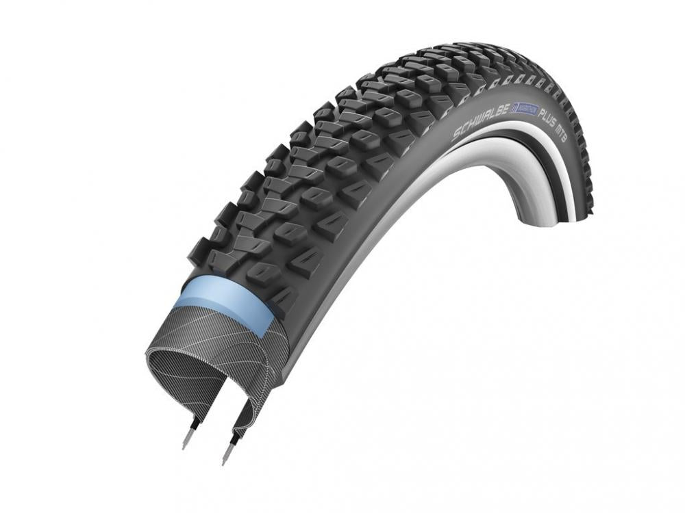 Schwalbe Marathon Plus MTB 29x2.10 Drahtreifen, Schnittansicht mit Pannenschutz und robustem Profil, E-25 geeignet.