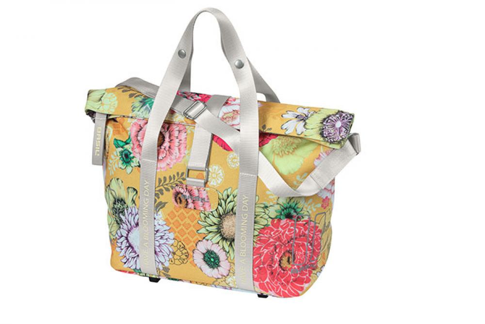 Basil Schultertasche Bloom Field honiggelb mit Blumenmuster für Fahrradgepäckträger MIK-System.