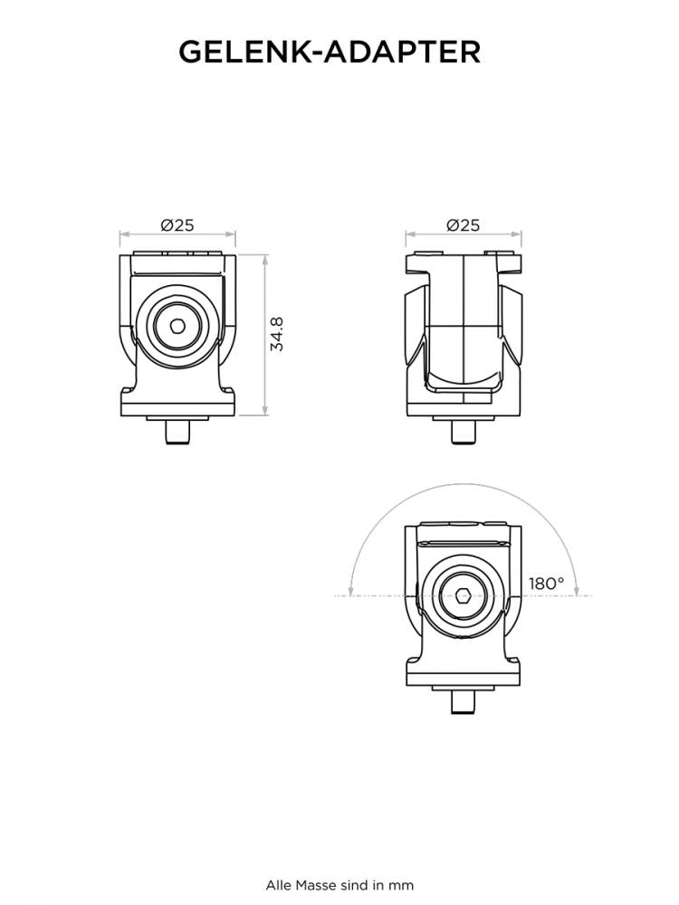 Quad Lock Knuckle Adaptor, Gelenkadapter für Motorradhalterungen, schwarz, kompatibel mit Quad Lock 360, 34,8 mm Höhe, 25 mm Breite